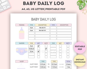 Editable Baby Daily Log|Printable Infant Daily Log|Baby Care Tracker|Baby Care JournalNewborn Baby Tracker|Baby Life Organizer|A4/A5/Letter