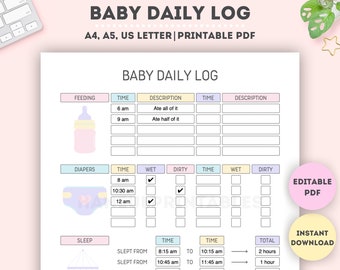 Editable Baby Daily Log: Printable Infant Tracker (A4/A5/Letter)