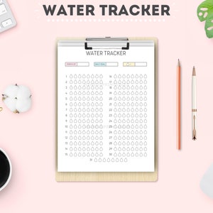 May include: A printable water tracker with a simple design. The tracker has a section for the month and daily goal. The tracker is filled with raindrops to track water intake.