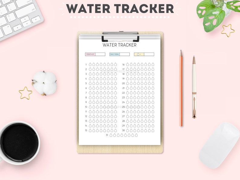 May include: A printable water tracker with a simple design. The tracker has a section for the month and daily goal. The tracker is filled with raindrops to track water intake.