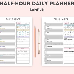 May include: A printable daily planner with half-hour time slots for each activity. The planner includes sections for today's mood, water intake, goals, and notes. The date is 3/07/2022.