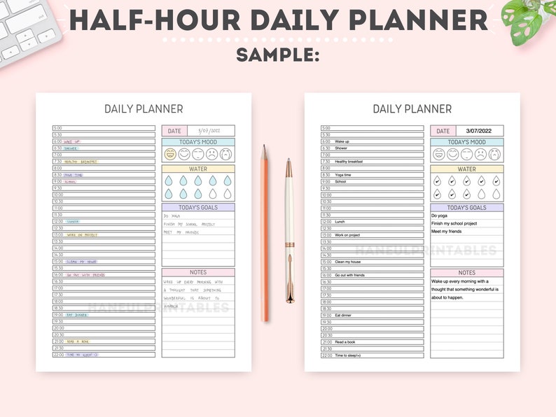 May include: A printable daily planner with half-hour time slots for each activity. The planner includes sections for today's mood, water intake, goals, and notes. The date is 3/07/2022.