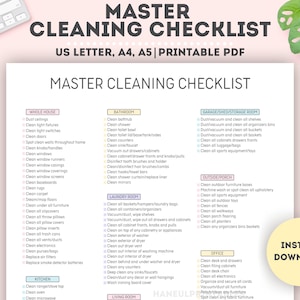 Lista de verificación de limpieza maestra imprimible/Planificador de limpieza/Programa de limpieza del hogar/Limpieza profunda imprimible/A4/A5/Carta