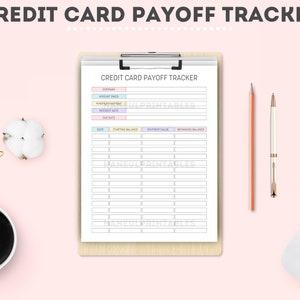 May include: A printable credit card payoff tracker on a clipboard with a pink background. The tracker has columns for date, starting balance, payment value, and remaining balance. There are also columns for company, amount owed, minimum payment, interest rate, and due date.