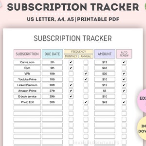 Editable Subscription Tracker|Printable Subscription Log|Expense Tracker|Spending Tracker|Membership Tracking|Account Tracker|A4/A5/Letter