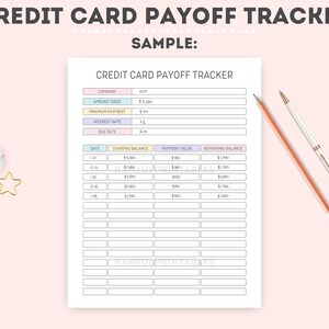 May include: A printable credit card payoff tracker with a sample filled out. The tracker includes sections for company, amount owed, minimum payment, interest rate, due date, date, starting balance, payment value, and remaining balance.