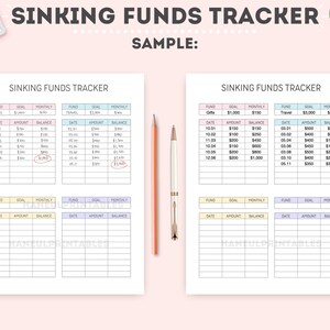 May include: A printable sinking funds tracker with a sample page showing how to track savings for gifts and travel. The tracker includes columns for date, amount, and balance. The sample page shows a goal of $1,000 for gifts and $3,000 for travel.