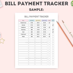 May include: A white printed bill payment tracker with the title "BILL PAYMENT TRACKER" at the top. The sample bill tracker includes categories for bill, amount, due date, paid date, and auto pay. A keyboard, pens, and decorative items are in the background.