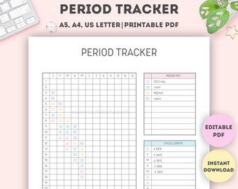 Editable Period Tracker|Printable Period Tracker|Menstrual Cycle Tracker|Period Planner|Period Cycle Tracker|Period Log|A4/A5/Letter