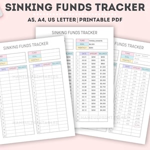 May include: Printable sinking funds tracker with three pages. The tracker has columns for date, amount, and balance. The first page has two columns for fund goal and monthly amount. The second page has a fund goal of $4,500 and a monthly amount of $250. The third page has a fund goal of $1,100 and a monthly amount of $110.