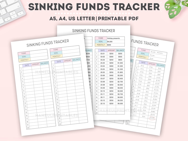 May include: Printable sinking funds tracker with three pages. The tracker has columns for date, amount, and balance. The first page has two columns for fund goal and monthly amount. The second page has a fund goal of $4,500 and a monthly amount of $250. The third page has a fund goal of $1,100 and a monthly amount of $110.