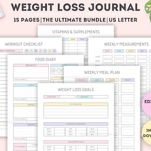 Editable Weight Loss Journal|Printable Weight Loss Planner|Weight Loss Tracker|Workout Planner|Printable Weight Loss Chart|US Letter