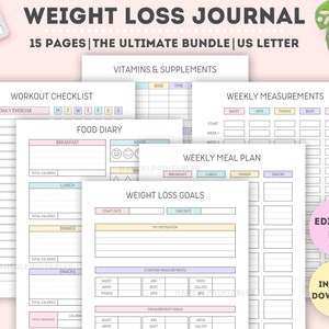 Editable Weight Loss Journal|Printable Weight Loss Planner|Weight Loss Tracker|Workout Planner|Printable Weight Loss Chart|US Letter