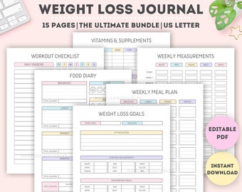 Editable Weight Loss Journal: Food Diary, Workout Planner (US Letter PDF)