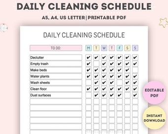 Editable Daily Cleaning Schedule|Cleaning Planner|Cleaning Checklist|Cleaning Schedule|House Chore List|Cleaning List|A4/A5/Letter