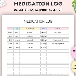 May include: Printable medication log template in US Letter, A4, and A5 sizes. The template has columns for date, time, medication, dose, and notes. The first five rows are filled with sample data.