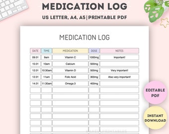 Editable Medication Log|Printable Supplement Tracking Sheet|Medication Tracker|Medication Schedule|Medication List|A4/A5/Letter