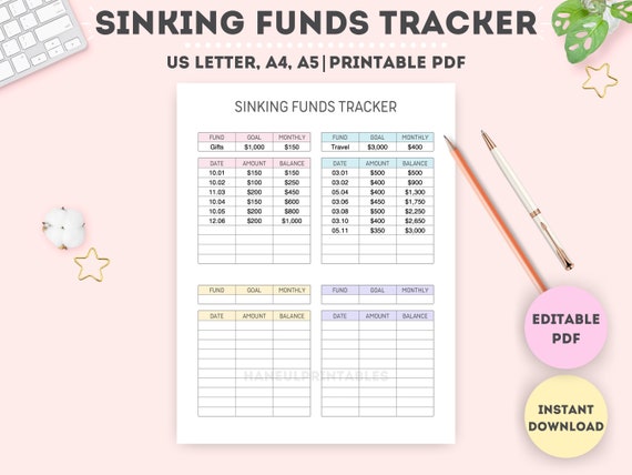 Editable Sinking Funds Tracker: Printable Savings Log (A4/A5/Letter)