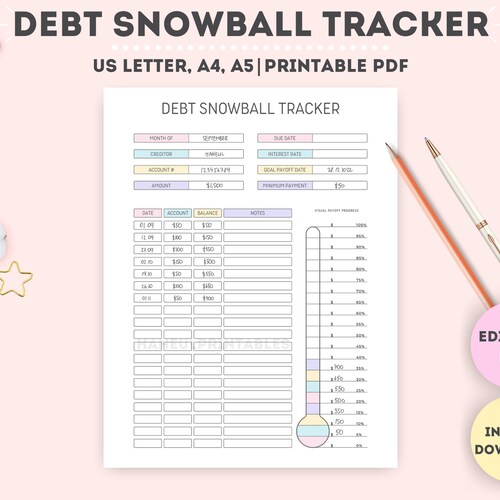Editable Debt Snowball Trackerprintable Debt Progress - Etsy Australia