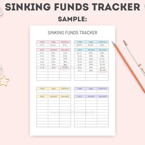 May include: A printable sinking funds tracker with a sample filled out. The tracker has columns for fund name, goal amount, monthly amount, date, amount, and balance. The sample shows a goal of $3,000 for travel and a balance of $1,900.