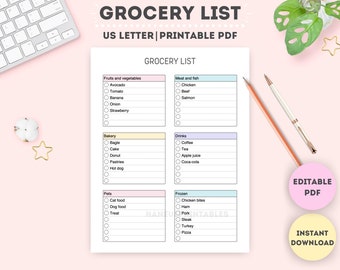 May include: Printable grocery list template in US Letter size. The list is divided into categories: Fruits and vegetables, Meat and fish, Bakery, Drinks, Pets, and Frozen. Each category has a checklist with blank boxes for writing items.