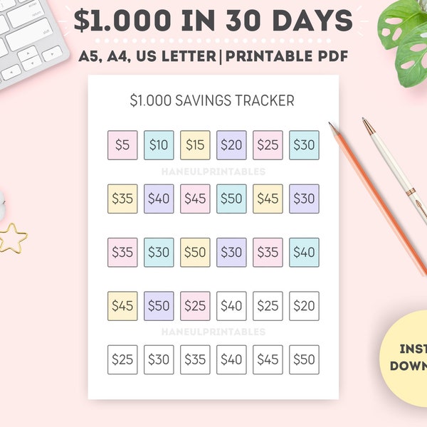 Printable Money Saving Tracker| Money Saving Challenge|Save 1000 In 30 Days|Savings Tracker|Savings Planner|A4/A5/Letter