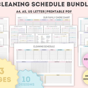 Bewerkbare schoonmaakschemabundel, afdrukbaar, wekelijks, maandelijks, jaarlijks schoonmaakplanner, schoonmaakchecklist, opruimingsschema, gezinskarweigrafiek