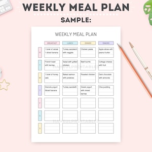 May include: A printable weekly meal planner with a sample meal plan for breakfast, lunch, dinner, and snacks. The planner is divided into seven days of the week, with each day having a space for each meal type. The sample meal plan includes options like cereal, turkey sandwich, chicken pasta, and apple slices with peanut butter.