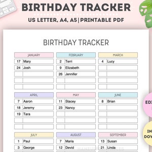 Rastreador de cumpleaños editable/Lista de cumpleaños imprimible/Tabla de cumpleaños/Recordatorio de cumpleaños/Planificador de cumpleaños/Calendario de cumpleaños/A4/A5/Carta