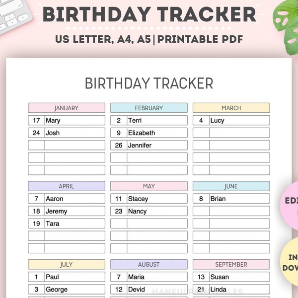Editable Birthday Tracker|Printable Birthday List|Birthday Chart|Birthday Reminder|Birthday Planner|Birthday Calendar|A4/A5/Letter