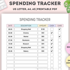 Editable Spending Tracker|Printable Expense Tracker|Purchase Log|Financial Planner|Daily Spending Sheet|Purchase Recorder|A4/A5/Letter