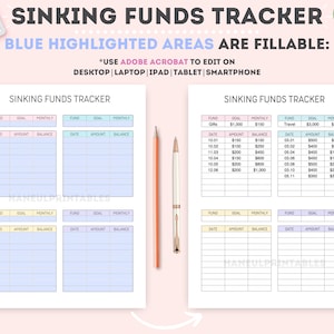 May include: A printable sinking funds tracker with four sections. Each section has columns for fund, goal, monthly, date, amount, and balance. The sections are labeled with different fund names, such as "Gifts" and "Travel". The tracker is designed to help people save money for specific goals.