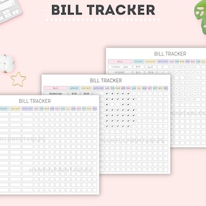 May include: Three printable bill tracker sheets with a pink background. The sheets are divided into columns for bills, amount, due date, auto-pay, and months of the year. The sheets are designed to help people track their bills and payments.
