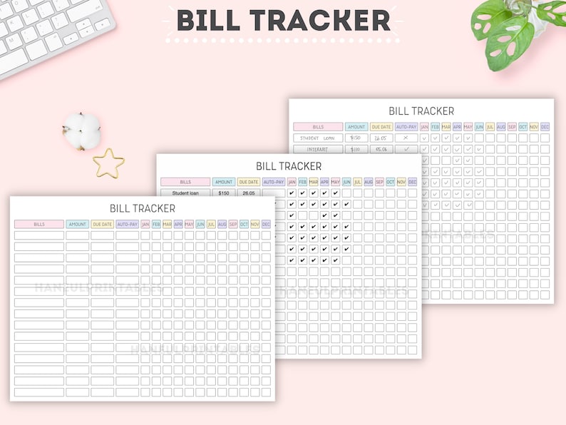 May include: Three printable bill tracker sheets with a pink background. The sheets are divided into columns for bills, amount, due date, auto-pay, and months of the year. The sheets are designed to help people track their bills and payments.