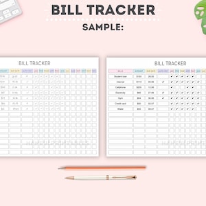 May include: A printable bill tracker with a sample filled out. The tracker has columns for bills, amount, due date, auto-pay, and months of the year. The sample includes bills like student loan, internet, cellphone, electricity, gym, credit card, and water.