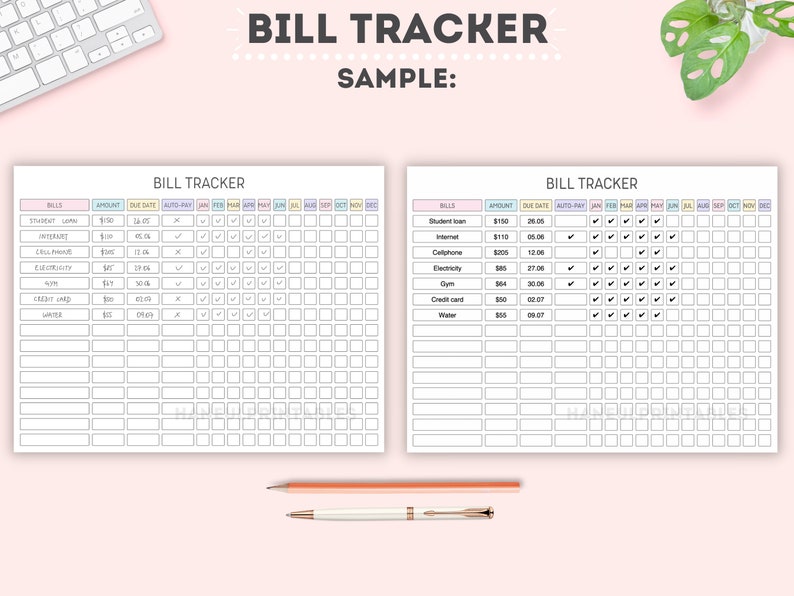 May include: A printable bill tracker with a sample filled out. The tracker has columns for bills, amount, due date, auto-pay, and months of the year. The sample includes bills like student loan, internet, cellphone, electricity, gym, credit card, and water.