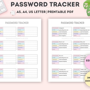 Rastreador de contraseñas editable/Rastreador de contraseñas imprimible/Registro de contraseñas/Lista de contraseñas/Guardián de contraseñas/Organizador de contraseñas/A4/A5/Carta