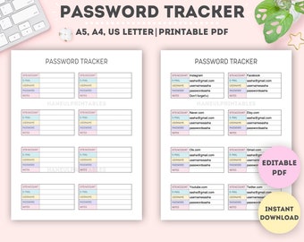 Editable Password Tracker|Printable Password Tracker|Password Log|Password List|Password Keeper|Password Organizer|A4/A5/Letter