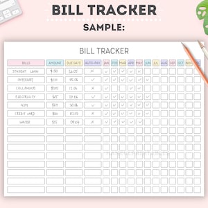 May include: A printable bill tracker with a grid of boxes for each month of the year. The tracker includes columns for bills, amounts, due dates, auto-pay, and check boxes for each month. The tracker is designed to help people keep track of their bills and payments.