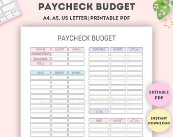 Op de afbeelding: Een printbaar budgetwerkblad met secties voor inkomsten, uitgaven, rekeningen, schulden en totalen. Het werkblad is ontworpen om zowel gebudgetteerde als werkelijke bedragen bij te houden. Het werkblad is gelabeld "Paycheck Budget" en is beschikbaar in A4, A5 en US Letter formaten.
