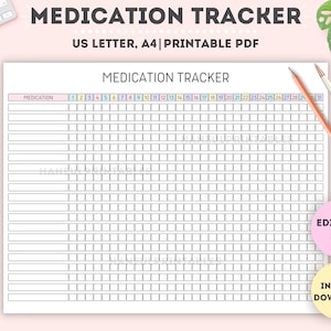 Registro de medicación editable/Hoja de seguimiento de suplementos imprimible/Seguimiento de medicación/Programa de medicación/Lista de medicación/A4/Carta