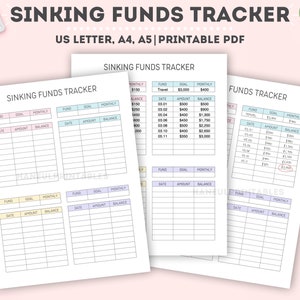 May include: Printable sinking funds tracker with six sections for tracking savings goals. Each section has columns for fund name, goal amount, monthly contribution, date, amount, and balance. The tracker is designed in pastel colors with light blue, pink, and yellow accents.