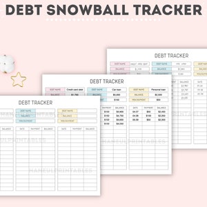 May include: A printable debt snowball tracker worksheet with three columns for tracking debt payments. The worksheet has a light pink, light blue, and yellow color scheme. The worksheet includes the headings "Debt Name", "Balance", "Min Payment", "Date", "Payment", and "Balance".