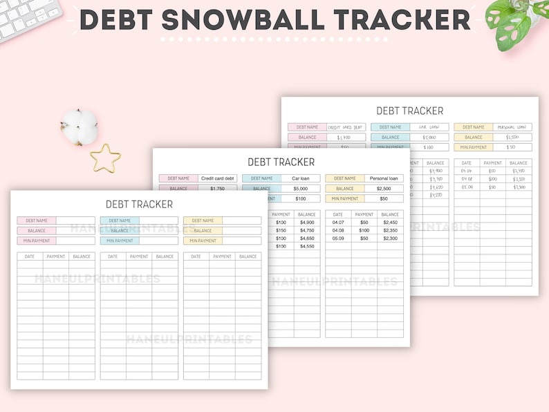May include: A printable debt snowball tracker worksheet with three columns for tracking debt payments. The worksheet has a light pink, light blue, and yellow color scheme. The worksheet includes the headings "Debt Name", "Balance", "Min Payment", "Date", "Payment", and "Balance".