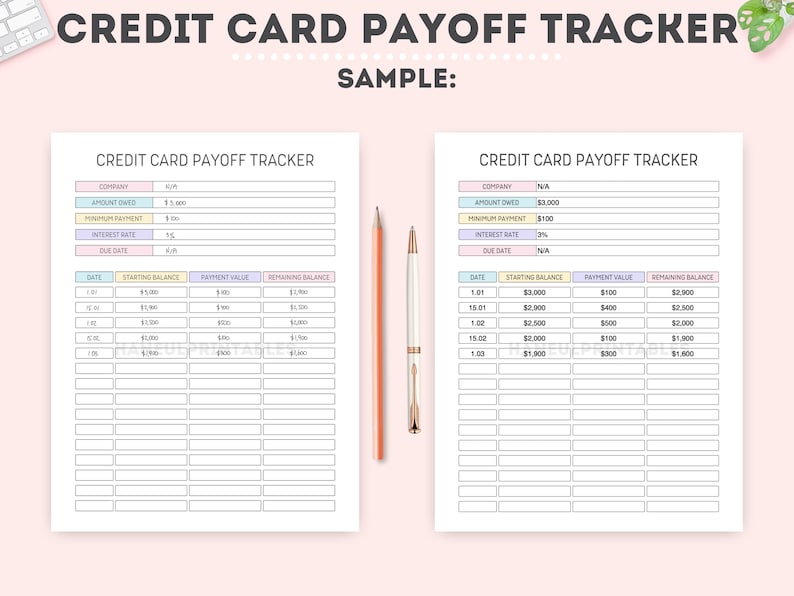 May include: A printable credit card payoff tracker with two sample pages. The first page shows a company name, amount owed, minimum payment, interest rate, due date, date, starting balance, payment value, and remaining balance. The second page shows the same information with different values.