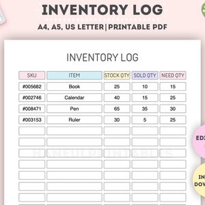 Editable Inventory Log: Printable Inventory Tracker (A4/A5/Letter)