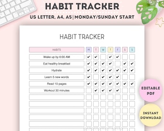 Wöchentlicher Habit Tracker Printable: Bearbeitbarer Zielplaner (A4/A5/Letter)