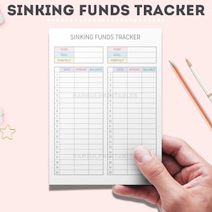 May include: A printable sinking funds tracker with two columns for tracking different funds. Each column has a section for the fund name, goal, monthly amount, date, amount, and balance. The tracker is designed to help people save money for specific goals.
