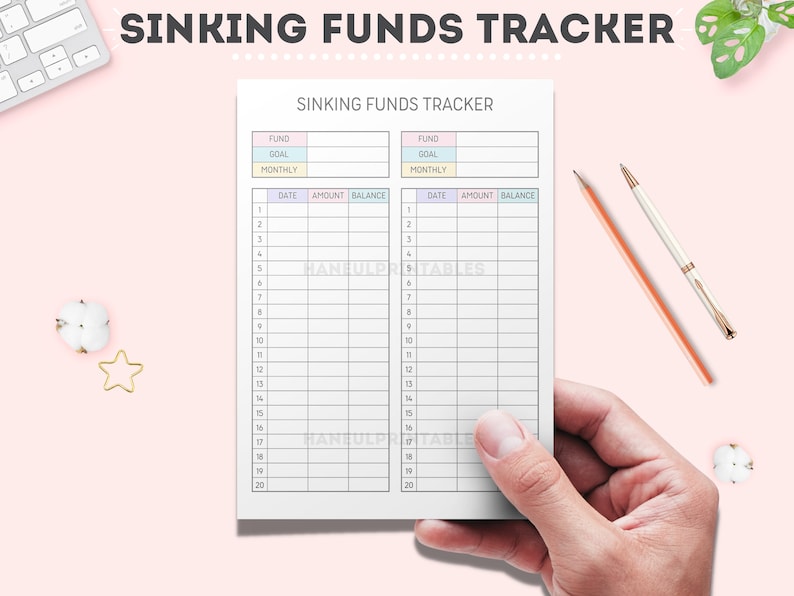 May include: A printable sinking funds tracker with two columns for tracking different funds. Each column has a section for the fund name, goal, monthly amount, date, amount, and balance. The tracker is designed to help people save money for specific goals.