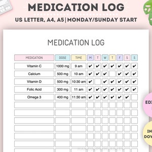 Editable Medication Log|Printable Supplement Tracking Sheet|Medication Tracker|Medication Schedule|Medication List|A4/A5/Letter